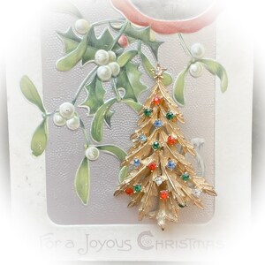 Vintage MCM Christmas Tree Brooch, Gold Tone Costume Jewelry w/Rhinestones by ART