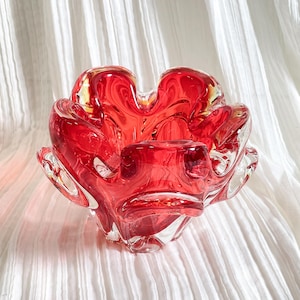 MCM Red-Orange Hand Blown Ashtray/Bowl, Murano Style Art Glass Layered Colors
