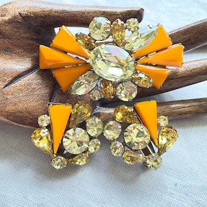 Vintage Demi Parure Brooch/Earring Set, Yellow/Gold Rhinestone & Yellow-Orange Glass Stone 3 PC Set