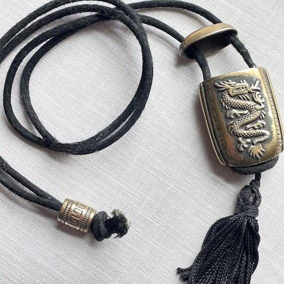 Vintage Dragon Pendant Necklace, Cord Necklace Br… - image 4