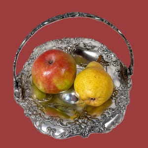 Antique Quadruple Silver Plate Basket, Victorian Decor Display Serving, Raised Flowers & Handle