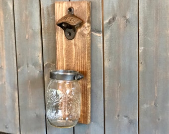 Wall Mounted Bottle Opener, Beer Bottle Opener, Mason Jar Bottle Cap Catcher, Man Cave, Gift for Dad, Gift for Husband, Gift for Boyfriend