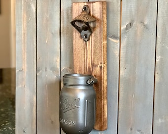 Mason Jar Wall Mounted Bottle Opener, Beer Bottle Opener, Bottle Cap Catcher, Man Cave, Gift for Dad, Gift for Husband, Gift for Boyfriend