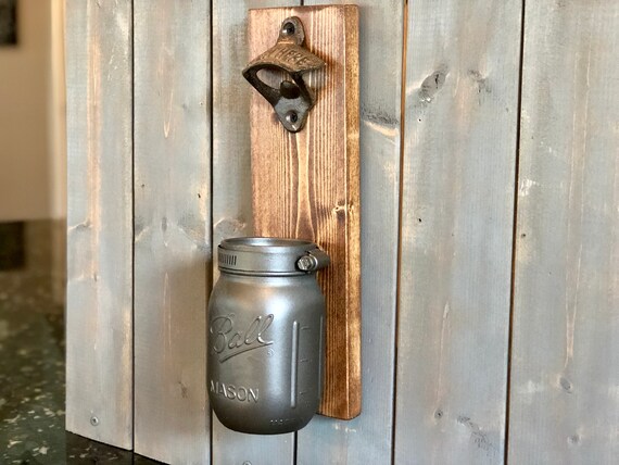 Rustic Wall Mounted Bottle Opener Bottle Cap Catcher, Jar Beer Bottle Top  Catcher, Gift for Him, Craft Beer Opener, Man Cave Sign 