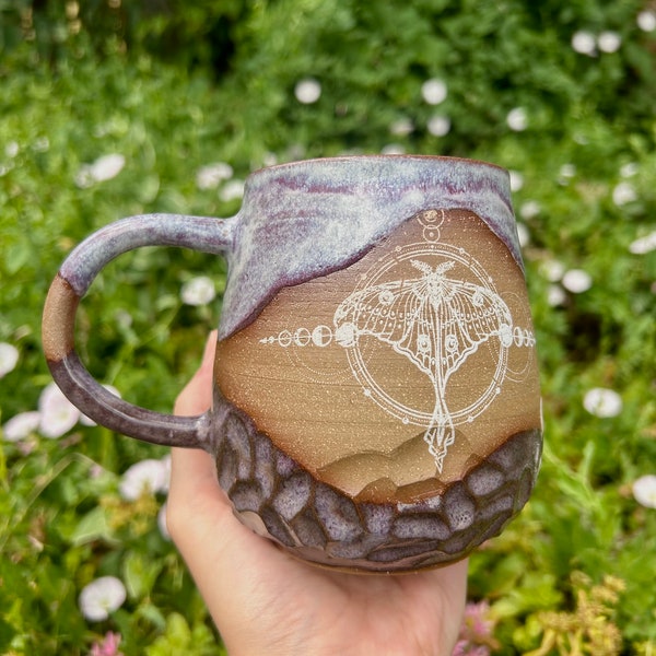 Cottagecore Ceramic Mug, Handmade Ceramic Mug, Witchy Ceramic Mug, Drippy Mug, Moth Mug, Ceramic Moth Mug, Gothic Mug, Dark Cottagecore Mug