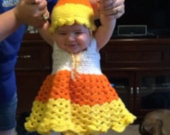 Crochet Candy Corn Baby Costume, Newborn Halloween Outfit (Hat, Dress, Shoes)