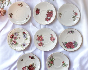 Vintage Bone China Saucers, Mismatched Floral China, Wedding Decor, Cottage Decor