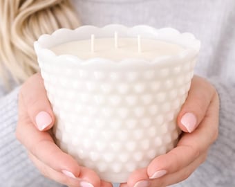 Scented Soy Candle, Vintage Fire King Milk Glass Planter, Hobnail Decor