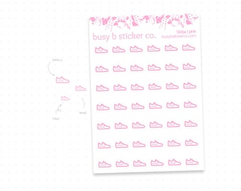 May include: A sheet of light pink sneaker stickers with the text busy b sticker co. and sl054 | pink. The sheet features rows of identical sneaker icons, with three individual sneaker stickers labeled small, mini, and tiny to the left side.