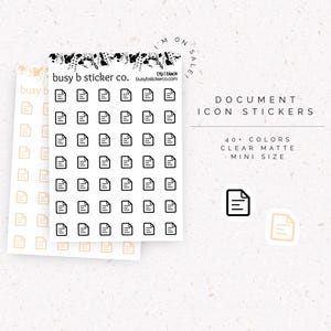May include: Two sheets of mini document icon stickers, one with black icons and one with light orange icons. The text reads busy b sticker co, document icon stickers, 40+ colors, clear matte, and mini size. Each sheet features rows of small paper icons.