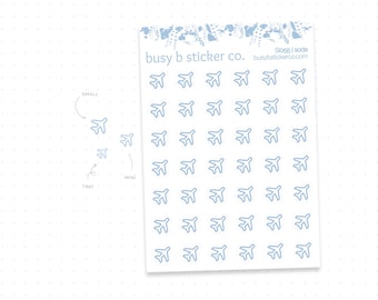 May include: A rectangular sheet of light blue airplane stickers featuring the text busy b sticker co. and SL056 | soda. To the left, three individual airplane stickers are labeled with the words SMALL, MINI, and TINY, indicating their relative sizes.