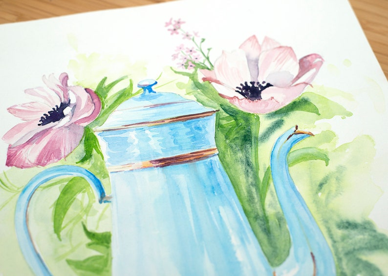 illustration teapot. wall decor Original watercolor coffee pot with flowers Art