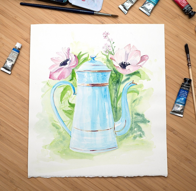 illustration teapot. wall decor Original watercolor coffee pot with flowers Art