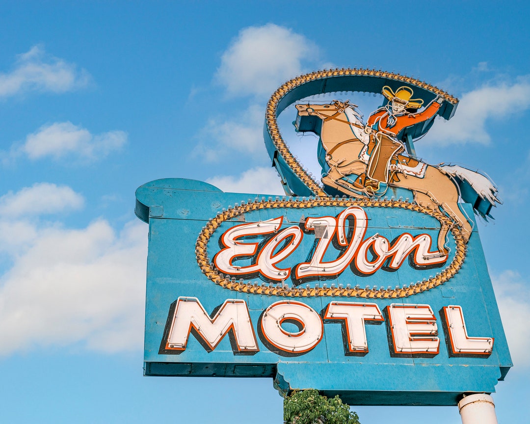 El Don Motel Sign Photo, Route 66 Wall Art, Cowboy Neon Sign