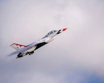 Peut inclure: Un avion de chasse blanc, rouge et noir vole dans les airs, laissant une traînée de fumée derrière lui. L'avion a un motif d'étoile rouge, blanche et bleue sur la queue.