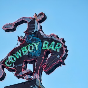 Cowboy Bar Photograph Retro Bar Decor Vintage Neon Sign Photo Western Wall Decor Boyfriend Gift Man Cave Garage Wall Art Men's Gift