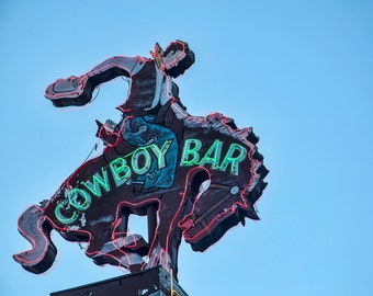 Cowboy Bar Photograph Retro Bar Decor Vintage Neon Sign Photo Western Wall Decor Boyfriend Gift Man Cave Garage Wall Art Men's Gift