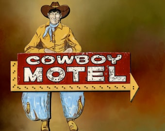 Route 66 Motel Sign, Cowboy Motel Vintage Neon Sign, Cowboy Gift, Cowboy Wall Art, Western Wall Art, Guest Room Wall Art, Amarillo Texas Art