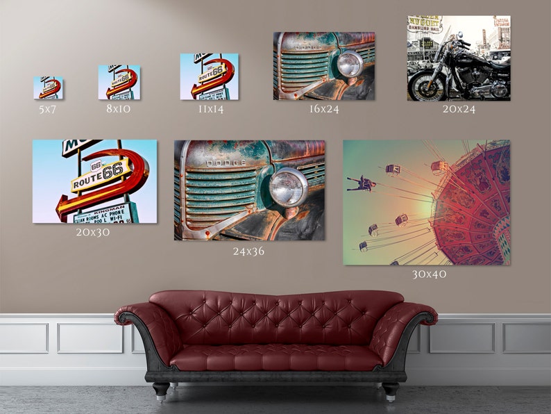 May include: A collection of vintage-inspired wall art prints featuring a rusty truck, a Route 66 motel sign, a motorcycle, and a Ferris wheel. The prints are in various sizes, ranging from 5x7 inches to 30x40 inches.