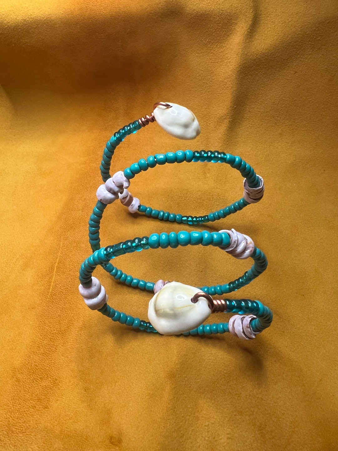 Turquoise Glass Bead and Shell Coil Bracelet Etsy