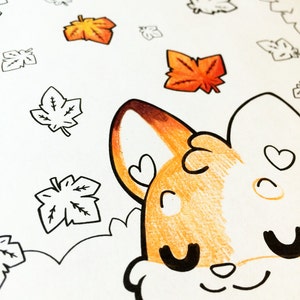 May include: A close-up of a cartoon fox with orange fur and black eyes. The fox is surrounded by a white background with black outlines of maple leaves.