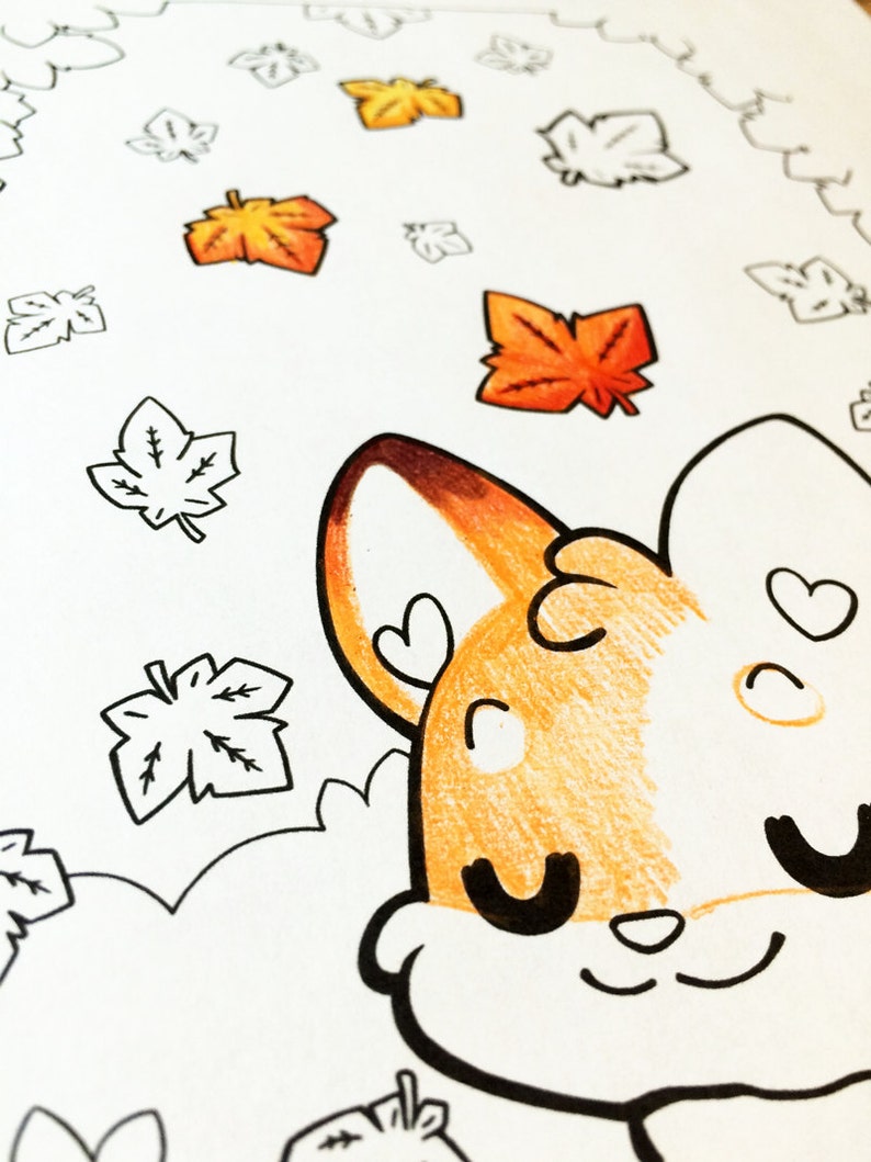 May include: A close-up of a cartoon fox with orange fur and black eyes. The fox is surrounded by a white background with black outlines of maple leaves.