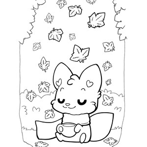 May include: A black and white line drawing of a fox sitting under a tree with leaves falling around it. The fox is holding a cup of tea and has a cozy scarf around its neck.