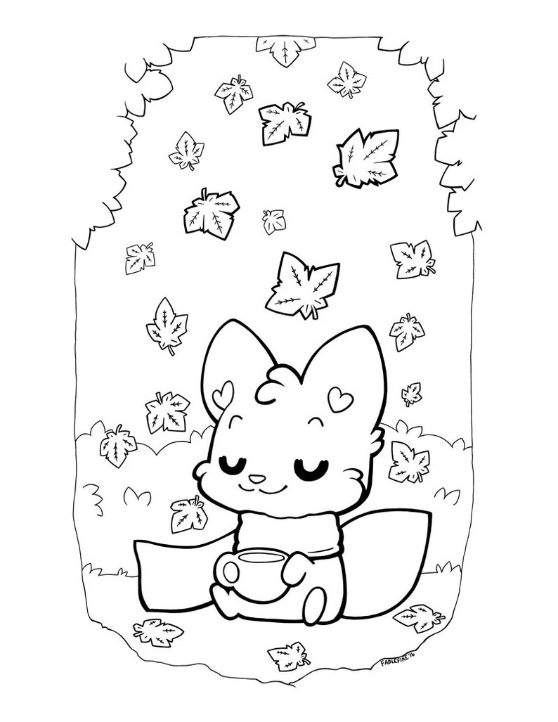 May include: A black and white line drawing of a fox sitting under a tree with leaves falling around it. The fox is holding a cup of tea and has a cozy scarf around its neck.