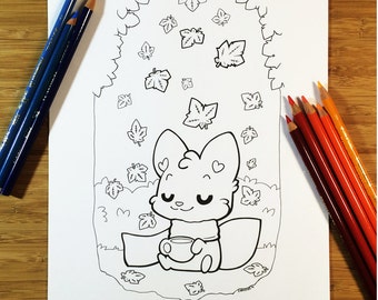 Fall Coffee Fox, downloadable coloring page, adult coloring page, premier coloring page, cute, kawaii, photoshop practice