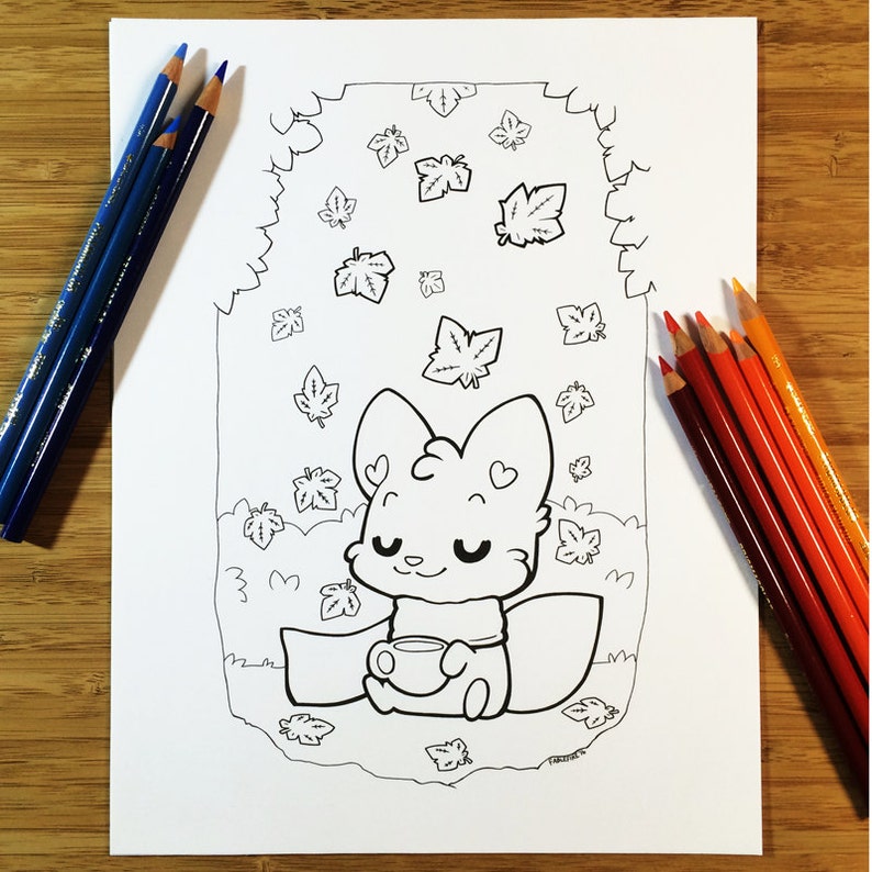 May include: A black and white line drawing of a fox wearing a scarf and holding a cup. The fox is sitting on a blanket with leaves falling around it.