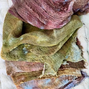 Hand dyed cheesecloth, distressed open weave scrim for textile art