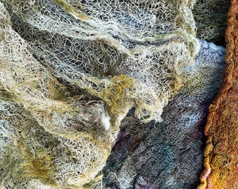 Hand dyed cheesecloth, distressed open weave scrim for textile art