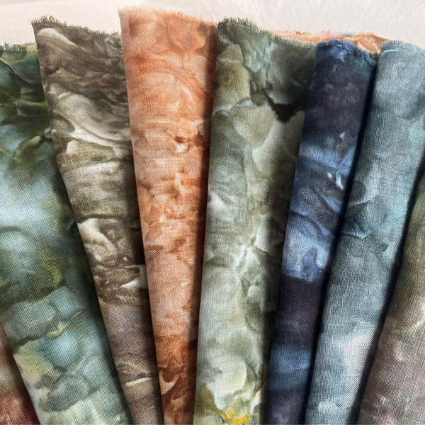 Hand dyed linen fabric bundle, ice-dyed in mixed colors