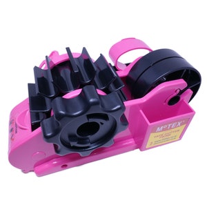 May include: Pink tape dispenser with a black tape cutter and a black gear. The dispenser has a label that reads "M'TEX Tape Cutter PRO-1000".