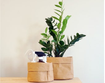 Washable Kraft Paper Bag Bundles (1ea-Small + 1ea Large) - Planter, Storage Basket, Paper Bin. Reusable & Eco-friendly