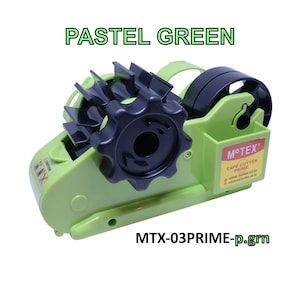 May include: A pastel green tape dispenser with a black tape cutter and a black handle. The dispenser has the text "MTEX" and "TAPE CUTTER PRIME" on it. The dispenser is labeled "MTX-03PRIME-p.grn".