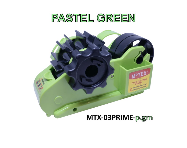 May include: A pastel green tape dispenser with a black tape cutter and a black handle. The dispenser has the text "MTEX" and "TAPE CUTTER PRIME" on it. The dispenser is labeled "MTX-03PRIME-p.grn".