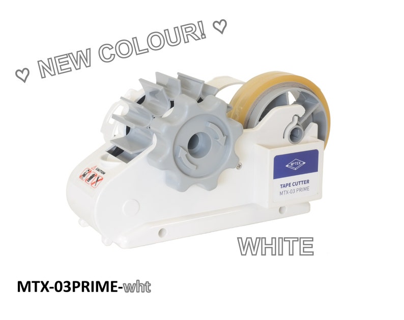 May include: White tape dispenser with a clear tape roll and a gray gear mechanism. The dispenser has a label that reads "TAPE CUTTER MTX-03 PRIME".