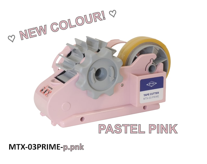 May include: Pastel pink tape dispenser with a clear tape roll and a gray gear mechanism. The dispenser has a label that reads "TAPE CUTTER MTX-03 PRIME".