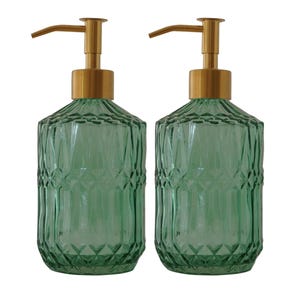 2pk - 13.5oz (400ml) Decorative Emerald Green Crystalline Patterned Glass Soap Dispenser with Stainless Steel Pump