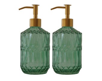 2pk - 13.5oz (400ml) Decorative Emerald Green Crystalline Patterned Glass Soap Dispenser with Stainless Steel Pump