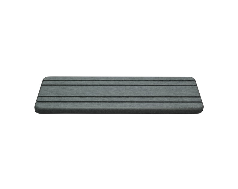 May include: A rectangular, gray doormat with a textured surface and horizontal black stripes. The mat has rounded corners and is designed for placement at an entryway. The color is a muted gray.