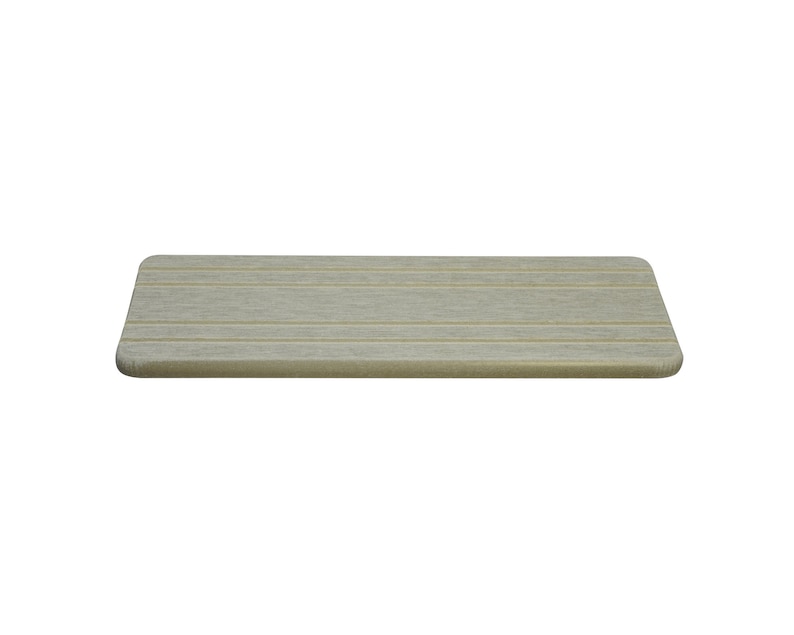 May include: A rectangular, light beige wooden shelf with rounded corners. The shelf has horizontal grooves across its surface, giving it a textured appearance. The shelf is designed to be mounted on a wall for display or storage.