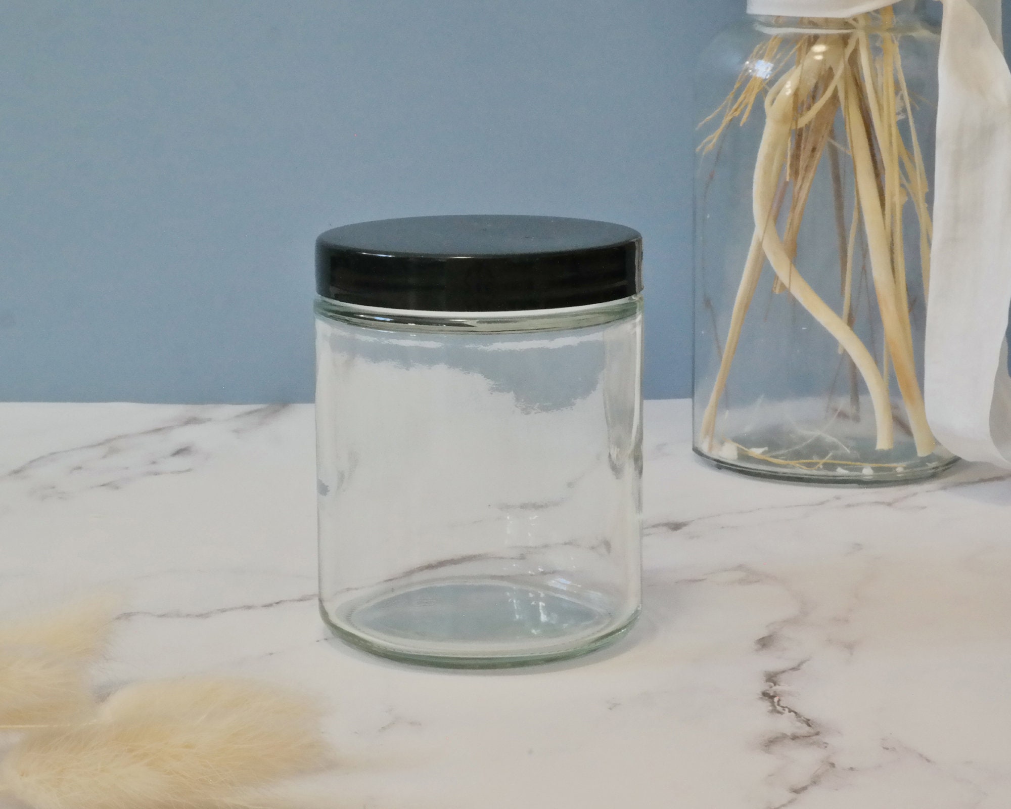 8oz Clear Glass Jars, Set of SIX, Black Metal Lid, Candle Jar, Cosmetic Jar,  Glass Container, Cosmetic Container, Black Lid 