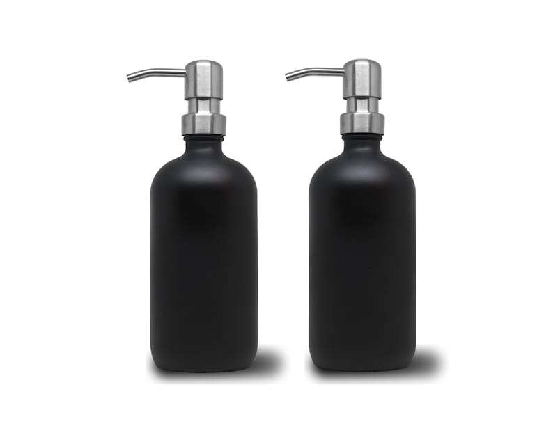 2pk - 16oz Matte Black Glass Soap Dispenser Brushed Steel