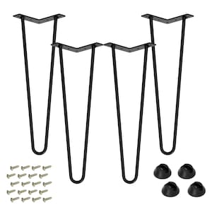 May include: Set of four black metal hairpin table legs with a V-shaped top. The legs are 14 inches (35.5 cm) tall and come with screws and floor protectors.