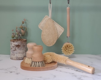 Kitchen Brush Set - Beechwood Brush Set with Natural Bristles - Bamboo Bottle Scrubber - Palm Pot Scrub - Sisal Dish Brush - Luffa Sponge