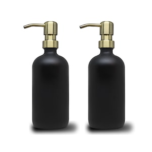 2pk - 16oz Matte Black Glass Soap Dispenser Antique Brass