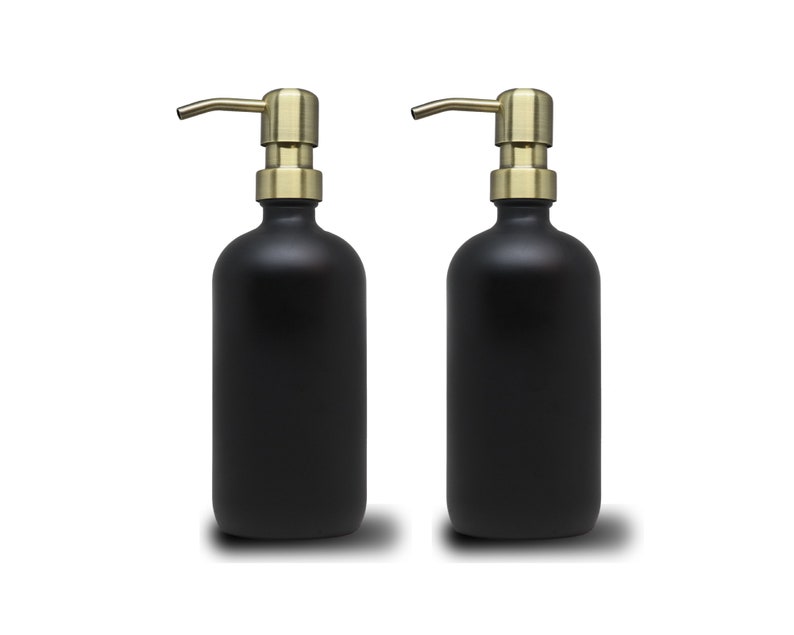 2pk - 16oz Matte Black Glass Soap Dispenser Antique Brass