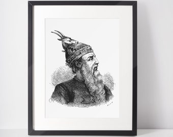 Puede incluir: Ilustración en blanco y negro de un hombre con una corona con una cabeza de cabra en la parte superior. El hombre tiene una barba larga y mira hacia la derecha.